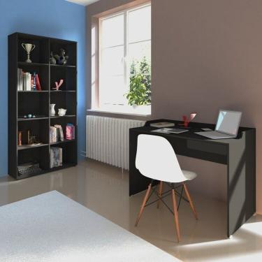 Imagem de Kit 2 Peças com Escrivaninha Minimalista e Moderna e Estante Multiuso com 10 Nichos Organizadores Preto