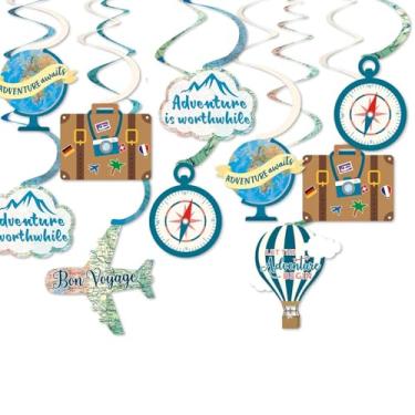 Imagem de 30CT Travel Themed Hanging Swirl Decorations Adventure Awaits Bon Voyage Farewell Retirement Themed Party Spiral Supplies Around the World Wedding Bridal Shower Party Ceiling Door Whirls Streamers Supplies