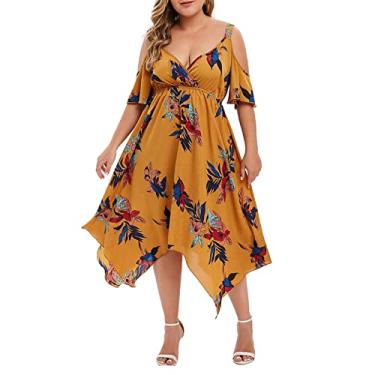 Imagem de Generic Vestidos femininos slip manga curta ombro vazado verão outono chiffon floral midi praia vestidos havaianos 2024, A-788 Amarelo Mostarda, GG