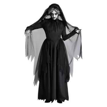 Imagem de BOVOSHA Fantasia de Halloween para meninas fantasma noiva fantasias de Halloween + chapéu + conjunto de véu para cosplay (preto, 9-10T)
