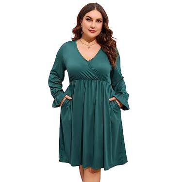 Imagem de ShopWonder Vestido plus size feminino, gola V, evasê, comprimento até o joelho, vestido rodado, plus size, minivestido de festa, Verde escuro, XGG