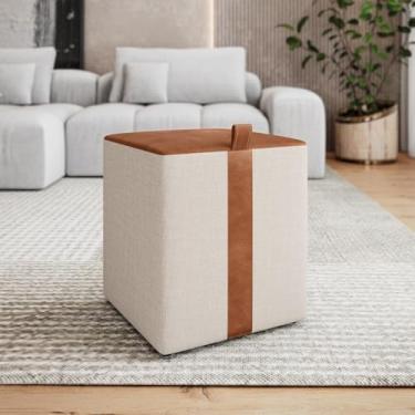 Imagem de Banqueta Puf Quadrada Puff closet Em Couro Caramelo Linho Bege