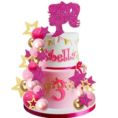 Imagem de MEMOVAN Topos de bolo rosa choque meninas 36 peças decorações de bolo com bolas de ouro rosa choque estrelas brilhantes para meninas boho rosa choque tema princesa casamento chá de bebê artigos de