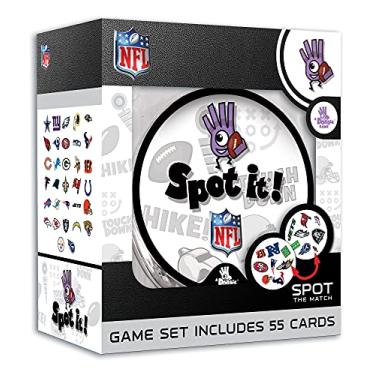 Imagem de Spot It! Jogo de cartas NFL Edition – Jogo de correspondência rápido com logotipos oficiais da equipe NFL e símbolos de futebol – 55 cartas com 5 minijogos – Festa familiar e jogo de viagem para