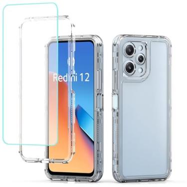 Imagem de Yodueiv Capa para Redmi 12, Capa Redmi 12 5G, Poco M6 Pro 5G com protetor de tela de vidro temperado, capa protetora de telefone de 3 camadas transparente para Xiaomi Redmi 12 transparente