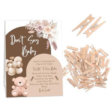 Imagem de Boho Bear Baby Shower Games, Don't Say Baby Game para chá de bebê (uma placa com 50 mini prendedores de roupa), decoração de chá de bebê com tema de balão de urso floral, jogo de revelação de gênero -
