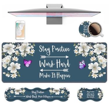 Imagem de Conjunto de descanso de pulso ergonômico 4 em 1 para teclado e mouse pad, mantenha o trabalho positivo e faça acontecer citação inspiradora grande XXL tapete de mesa para jogos com base antiderrapante