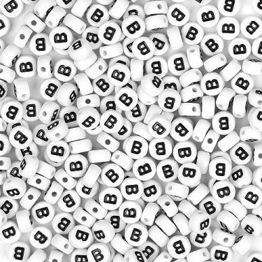 Imagem de Auvoua 300 peças de contas de letra B 4 x 7 mm contas brancas do alfabeto acrílico forma redonda contas soltas para nome pulseiras colares chaveiros faça você mesmo fabricação de joias (B)