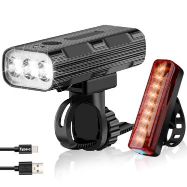 Imagem de iKirkliten Luzes de bicicleta dianteiras e traseiras, conjunto de luzes de bicicleta de LED recarregável para andar à noite, 5 + 5 modos de iluminação, IPX5 à prova d'água, farol de bicicleta USB tipo