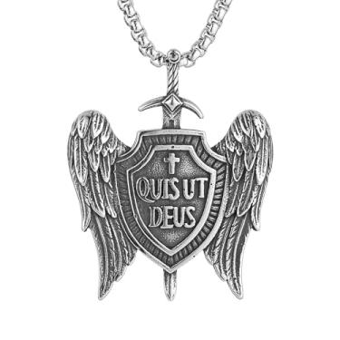 Imagem de AsAlways Colar de cruz de espada de asa de anjo para homens, aço inoxidável, arcanjo Miguel, proteção contra exorcismo, colar com pingente de joia para presente, Aço inoxidável, Sem Pedra Preciosa