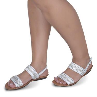 Imagem de Sandália Rasteira em Couro Branco Strass - Flor d'couro, 35