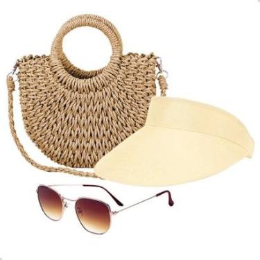 Imagem de Kit Bolsa de Palha Feminina + Viseira Solar e Óculos de Sol Verão Piscina Moda Praia-Feminino