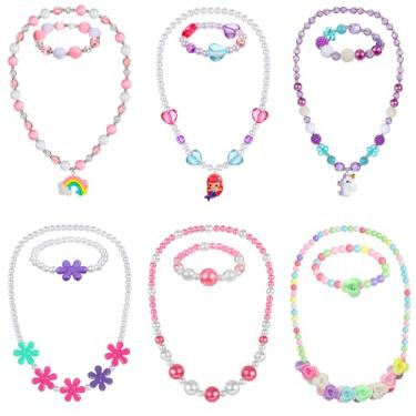 Imagem de Conjunto de 6 conjuntos de joias para meninas com colar de princesa, conjunto de pulseiras inclui colar de contas infantil com 8 anéis para crianças de Natal, aniversário, lembrancinhas de cosplay (dama, estilo arco-íris)