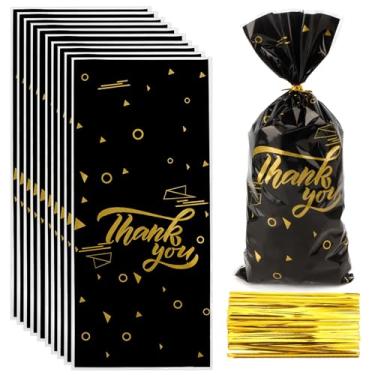 Imagem de SycloPak 100 sacos pretos de celofane Thank You, sacos de guloseimas de celofane para biscoitos, mini embalagens de doces, assar, fazer você mesmo, sacolas de lembrancinhas de presente