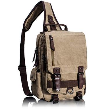 Imagem de Mochila de lona retrô com bolsa tiracolo para viagem Leaper, Khaki 1, Large