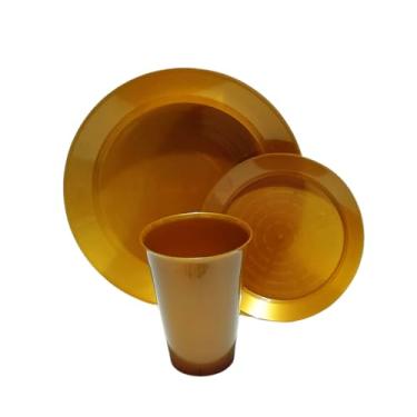 Imagem de Kit 10 Pratos P/Sobremesa 10 Pratos P/Refeição 10 Copos Festa Descartáveis Resistentes (DOURADO, COPOS 300 ML)