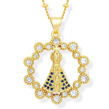 Imagem de Medalha Virgen De La Caridad Del Cobre Colar Amuleto,Medalhão Milagroso Virgem Maria Strass Círculo Moeda Colar