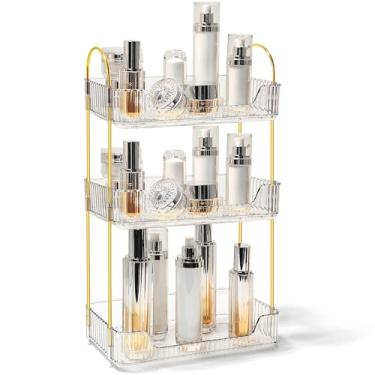 Imagem de TENDER EPOCH Organizador de balcão de banheiro, bancada, para cuidados com a pele, organizador de maquiagem, cosméticos, cuidados com a pele, suporte para perfume, transparente, dourado, 3 níveis