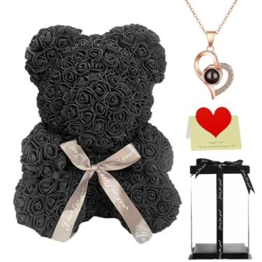 Imagem de Urso de pelúcia rosa grande de 40 cm com caixa de presente, urso de flores para aniversário, dia das mães, casamento, aniversário, presente romântico para ela (preto)