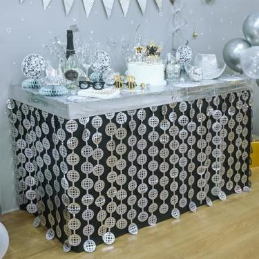 Imagem de MENSTARSI Decorações de festa de discoteca, pacote com 2 saias de mesa com franjas metálicas de folha de tinsel de discoteca, decorações de mesa perfeitas para despedida de solteira dos anos 70 e 80,