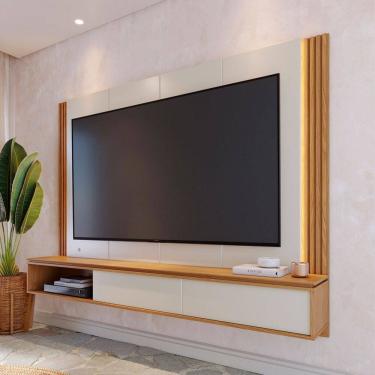 Imagem de Painel para TV Até 75 Polegadas Loa 2 Portas Ripado com Led Off White Matte/Freijó - Colibri