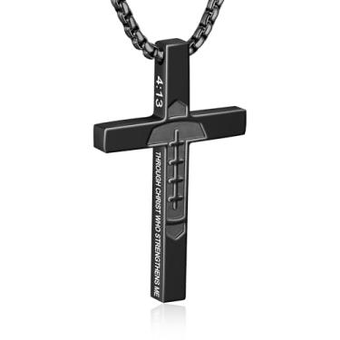 Imagem de WINFY Colar de cruz de futebol para meninos e homens, pingente de cruz cristã, versículo bíblico, corrente de aço inoxidável, 50 + 5 cm, joia de futebol, presente religioso para homens, Aço