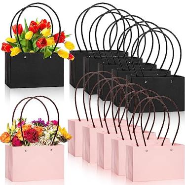 Imagem de DEAYOU Pacote com 12 sacos de presente de flores de papel kraft, caixa de buquê com alça, sacolas pequenas de papel com forro à prova d'água para arranjo floral, lembrancinha de festa, embalagem,