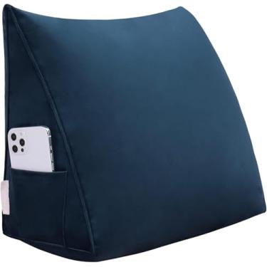 Imagem de YXCSELL Travesseiro de cama para cabeceira de cabeceira, almofadas de leitura para sentar na cama adulto, almofada triangular para encosto de livro, almofadas para sofás, estofado, azul escuro