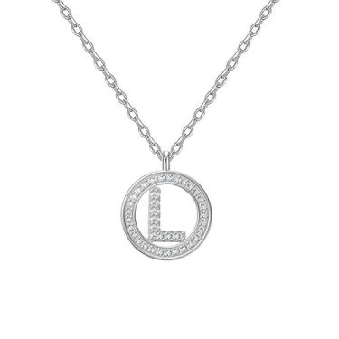 Imagem de EUSJ Colar feminino com inicial de prata 925, banhado a ouro branco 14K, redondo, alfabeto, com pingente de letra com zircônia cúbica, comprimento de corrente de 45,7 cm + 5 cm, presente para mulheres