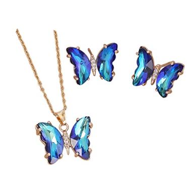 Imagem de Pingyongchang Brincos de colar de borboleta para mulheres minimalistas zircões cúbicos brincos de pingente de borboleta de ouro bonito conjunto de joias de borboleta de cristal para mulheres presentes