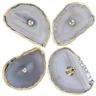 Imagem de rockcloud Maçanetas de fatia de ágata natural para armário de gaveta, puxador para armário de cômoda fatia natural com botões de borda banhados a ouro para decoração de móveis domésticos, pacote com 4