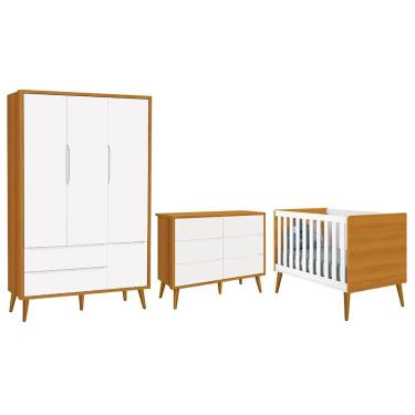 Imagem de Dormitório Completo Infantil Theo 3 Portas, Cômoda 6 Gavetas e Berço com Pés Amadeirado - Reller Móveis Branco/Savana