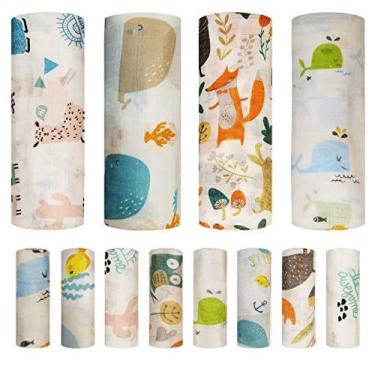 Imagem de Baby Swaddle Blanket and Washcloths Set,12 Peças Muslin Bamboo Baby Swaddle Wrap and Wash Cloths Unissex for Boys and Girls, 4 Pack for 40 x 40 Inches