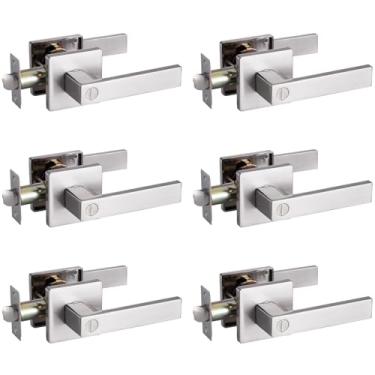 Imagem de MENDOCK Conjunto de fechadura GreenShield sem chave, maçaneta interna reversível resistente para quarto, banheiro, fechadura quadrada para portas canhotas e destros (pacote com 6, níquel acetinado)