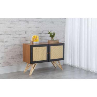 Imagem de Balcão Buffet Mdf Freijó Pés Taeda 2 Portas Pretas Com Palhinha Retrô 