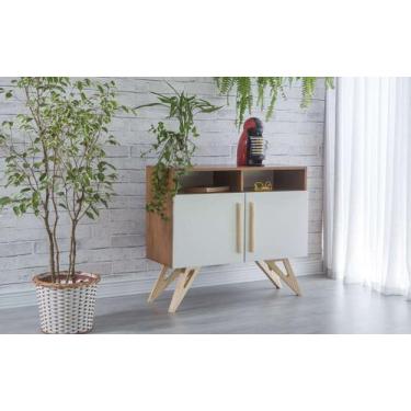 Imagem de Balcão Buffet Mdf Freijó Pés Jatobá 2 Portas Com Nicho Branca Retrô Fr