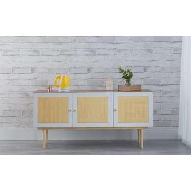 Imagem de Balcão Buffet Pés Palito Madeira 3 Portas Mdf E Palhinha Estilo Retrô 