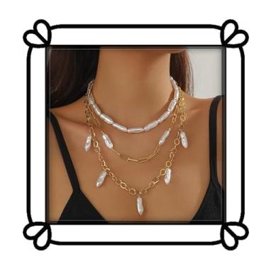 Imagem de DIONFEI Requintado conjunto de colar de pérolas femininas em camadas - Colar de corrente de ouro com pingente de pérola estilo barroco - Joias de declaração de moda de 3 fios, Tear Drop Set, Metal