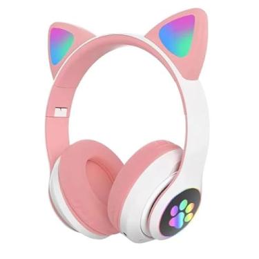 Imagem de Fone de Ouvido Bluetooth Infantil com Orelhas de Gatinho, LED, Sem Fio (Rosa)