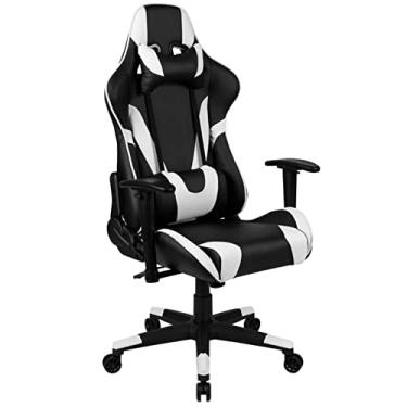 Imagem de Cadeira reclinável ergonômica para jogos com suporte lombar de massagem preto e branco, braço de escritório para computador de couro PU E-Sports Gamer s com apoio para os pés retrátil