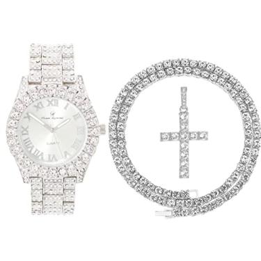 Imagem de Charles Raymond Colar masculino de luxo com cruz de tênis com relógio de pulso de quartzo de diamante - Be Lit & Choose The Matching Out Cuban ZZ Bracelet Set - ST10327TCR, 24"