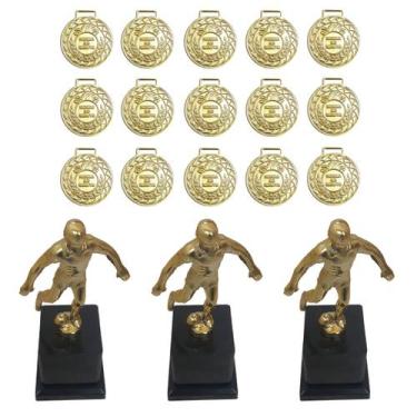 Imagem de Kit C/15 Medalhas M36 + 3 Troféus Jogador Artilheiro - Crespar, Ouro