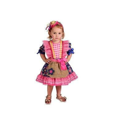 Imagem de Vestido Junino Bambolê Floral Com Avental e Tiara Azul Rosa