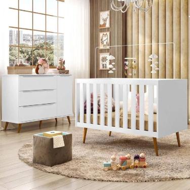 Imagem de Berço Americano Mini Cama Encanto com Comoda Retrô 3 Gavetas 1 Porta Lunna - Branco