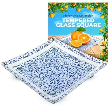Imagem de Bandeja quadrada de vidro temperado florentino GAC com pernas esféricas – resistente a lascas, compatível com forno e micro-ondas – presente ideal – prato quadrado de vidro transparente para