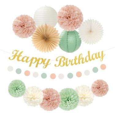 Imagem de Kits de banners pendurados para decoração de festa de aniversário verde-sálvia-bege blush papel pompons flores decoração Hugfond