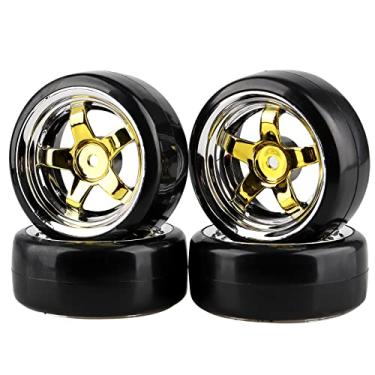 Imagem de Shaluoman Plating 5-Spoke 12mm Hub Wheel Rims with Hard Plastic Tires for RC 1:10 Drift Car Gold