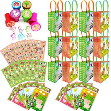Imagem de TINYMILLS Farm Animals Birthday Party Favor Conjunto de 60 peças (12 sacos de petisco, 24 carimbos, 12 conjuntos de adesivos, 12 livros de colorir com giz de cera)