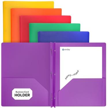 Imagem de Pastas de plástico com bolsos e pontas, duas pastas de bolso com brads, pastas de 3 pinos com bolsos para folhas de tamanho carta, cores Asstd em roxo, azul, verde, amarelo, laranja e preto, 6 peças –