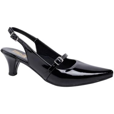 Imagem de Sapato Slingback Feminino, Scarpin Salto Fino, Bico Fino, Social, Confortável Via Angel 9501. (Verniz Preto, BR, Adulto, Numérico, 40)